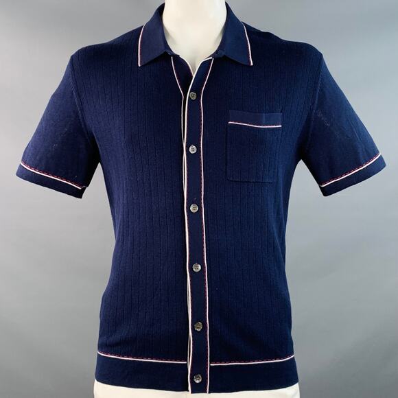 TODD SNYDER Size L Navy Red White Contrast Trim One Pocket Short Sleeve Shirt - Picture 1 of 9